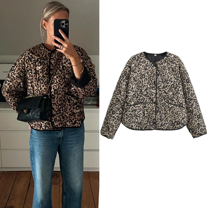 Hxao leopard Polkované bundy Dámske bundy orezávajú s dlhým rukávom vrstvy O-krh voľné prešívané prešívané bunda Wheretth ľahké čalúnené bundy