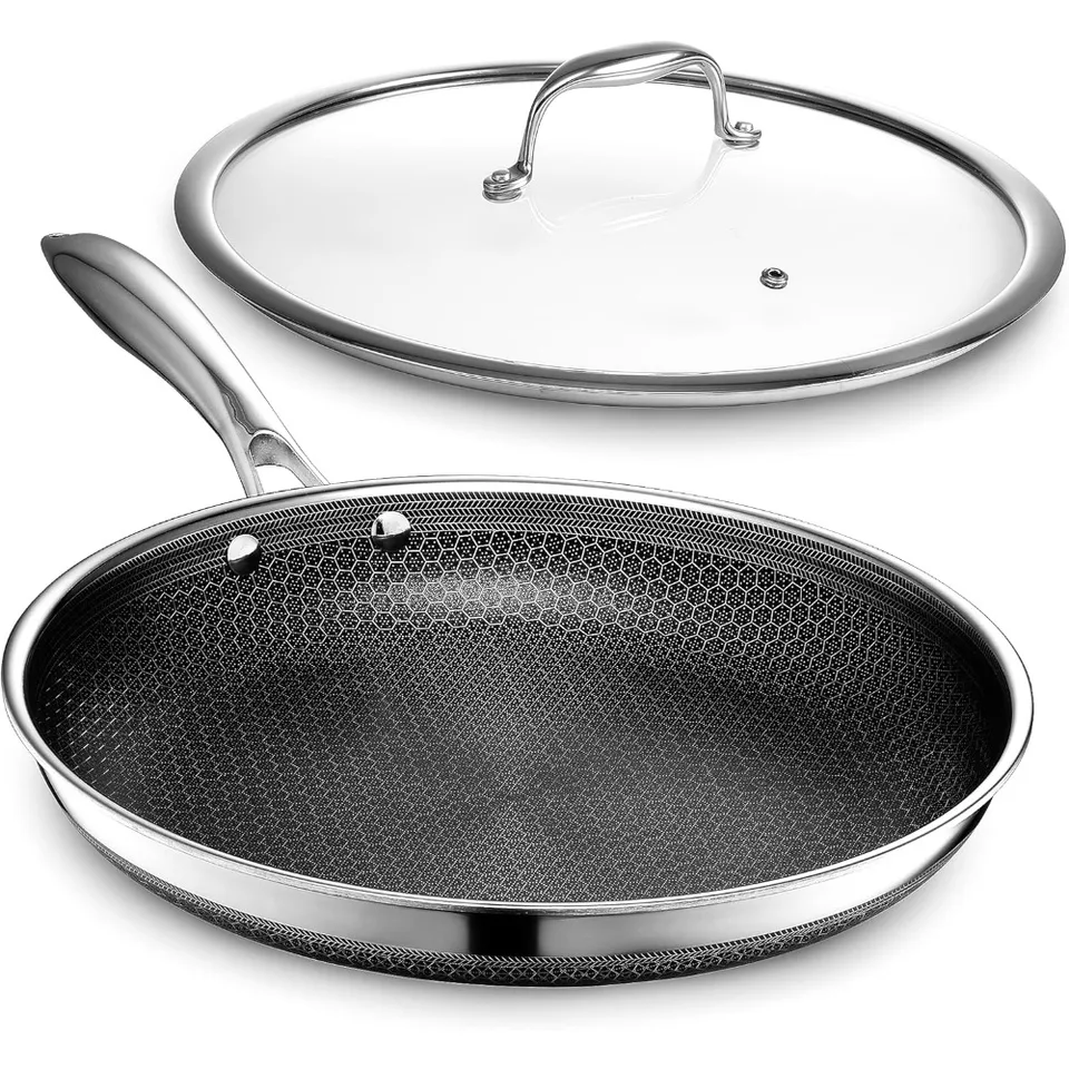 Hybridná nonstick 12-palcová smažená panvica s temperovaným skleneným vekom, rukoväťou na chladnej farbe, umývačkou riadu a pecom, indukčné pripravené