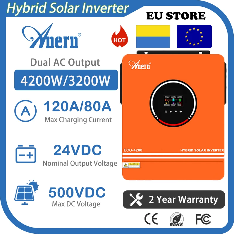 Hybridný slnečný invertor ANERN 4,2 kW MPPT s solárnou nabíjačkou MPPT 120A 12V 24V 220V Pure Sine Wave Dual Output Off-Grid Inverter