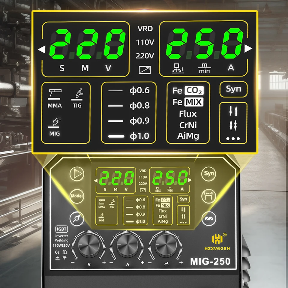 Hzxvogén MIG 250 4 IN1 Hliníkový zvárač MMA/MIG/LIFT TIG/STRECK DIGITÁLNA SEMI-AUTOMATICKÝ Zvárací stroj Plyškový plyn bez plynového zvárača