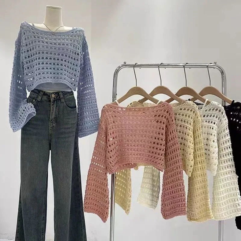 Háčkovač s dlhým rukávom pletené letné letné pláž bikiny zakrytie plodiny prevírové vlnené pletenie blúzka blúzka Ženy dovolenka boho outfit