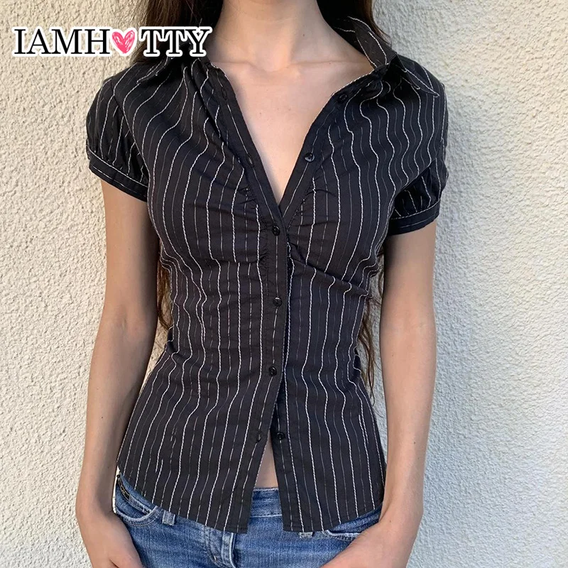 Iamhotty elegantné elegantné pruhované blúzka Dámske letné francúzske gombíky otočenie goliera košeľa vintage streetwear y2k topy y2k