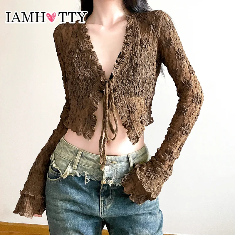 IAMHOTTY LACE zostrihanie šnurovania V-krk tenké čipky Smock Top hnedé rozprávky grunge grunge s dlhými rukávmi vrcholy elegantné vrcholy Kórejský kardigan