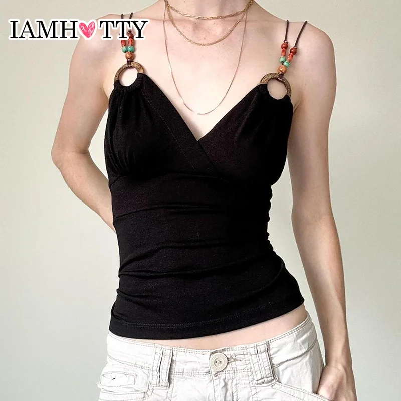 IAMHOTTY VINTAGE Kovové korálkové plodiny Top hnedé boho v-krk rukávy bez rukávov Topy grunge v štýle streetwear sexy štíhle priliehajúce camis ženy