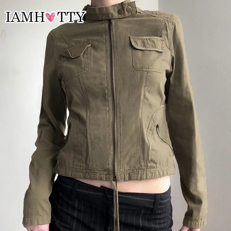 IAMHOTTY VINTAGE vrecká na nákladný plášť jesenná zimná sťahovanie viacerých zipsových kabátov Ženy GRUNGE STYLE Polovica korytnačky