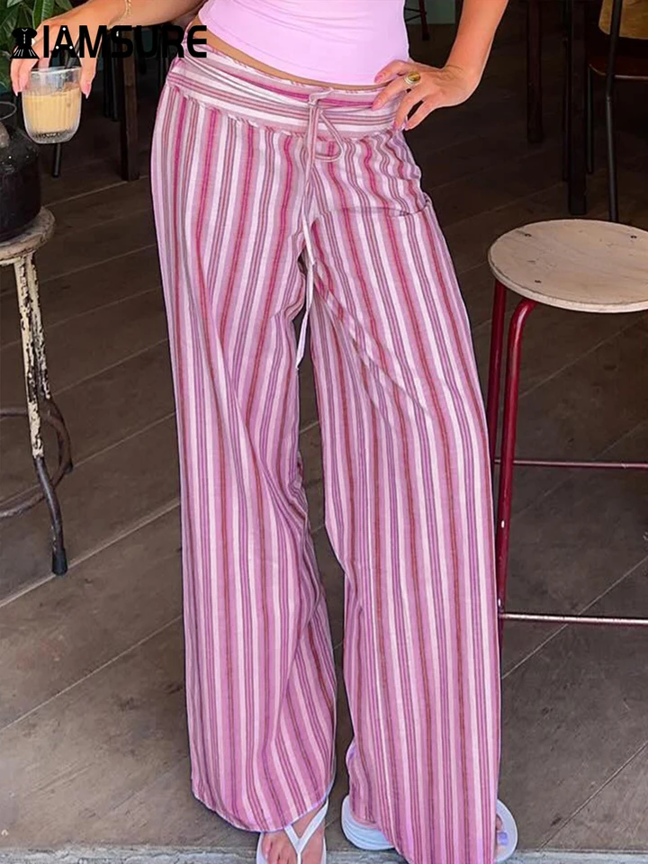 IAMSURE Príležitostné sladké pruhované priame nohavice Základné nohavice so širokými nohavicami so stredne pásmi ženy 2024 Jeseň Spring Fashion Streetwear Lady