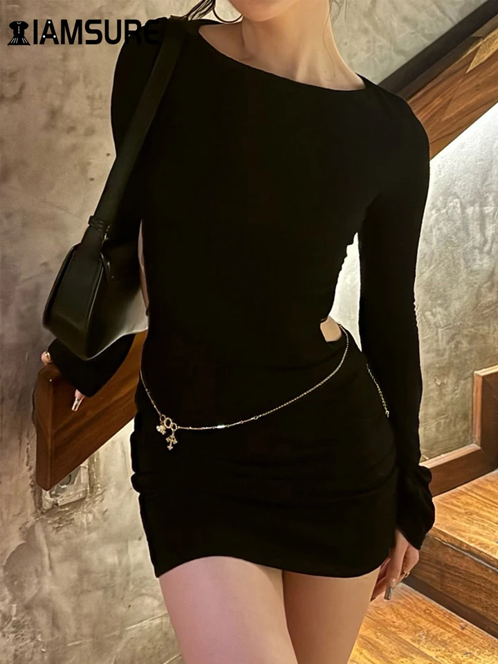 IAMSURE Sexy Solid Solid Backless Bodycon Dress Slim O-Neck Dlhý sleta Mini šaty pre ženy 2024 Jeseň Spring Streetwear