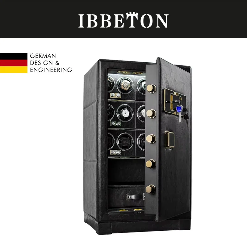 Ibbeton Automatic Watch Winder Box Black Leather Storage Storage Proti Theft Fingerprint Safes Špičky starožitné dokumenty