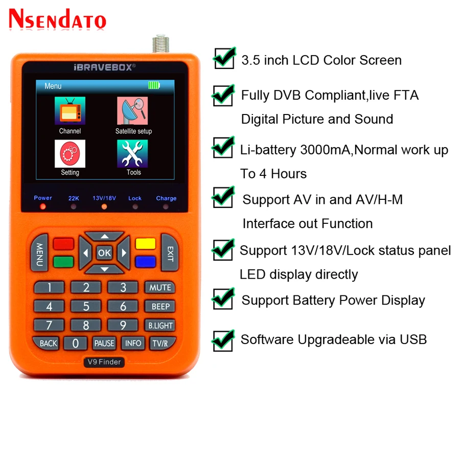Ibravebox V9 Finder HD Satellite Finder DVB S2 Digital H.265 Plný 1080p vstavaný 3000 mAh batériu FTA 3,5 