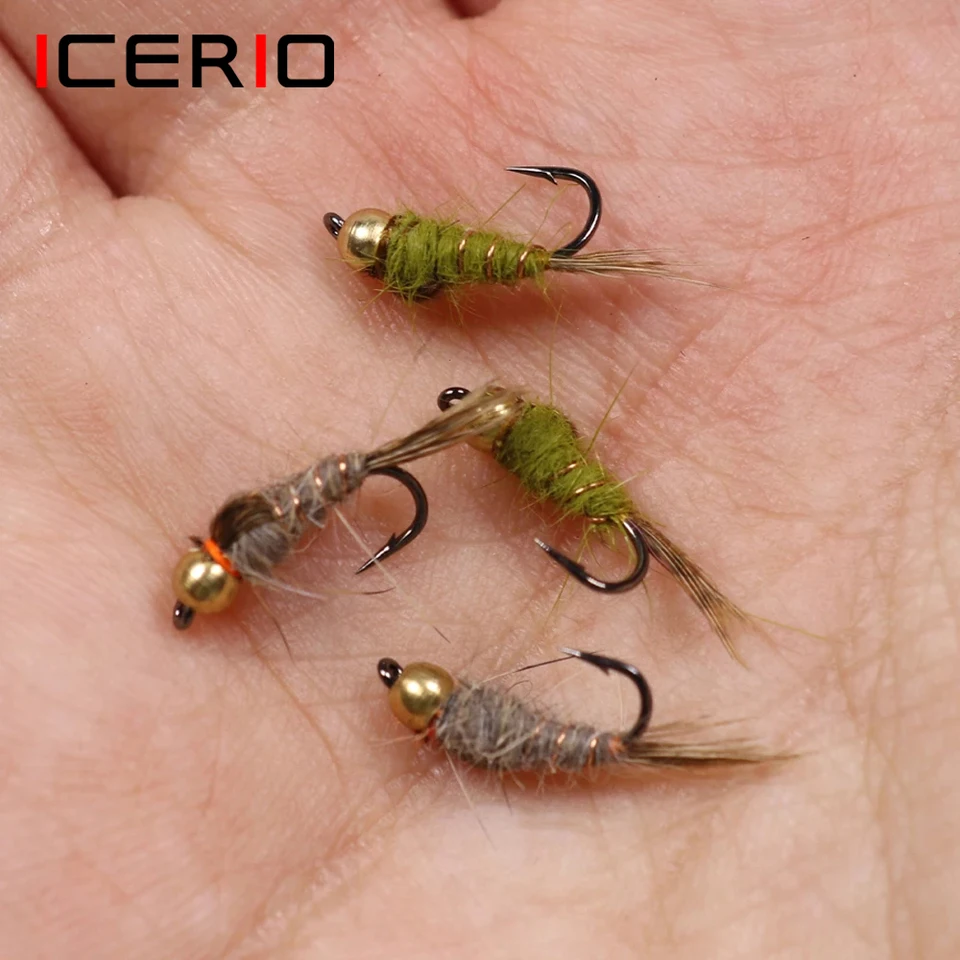 ICERIO 6PCS #14 Olive Grey Brass Glead Hare Hare nymf pstruh rybársky rybársky rybársky mokrý mušk