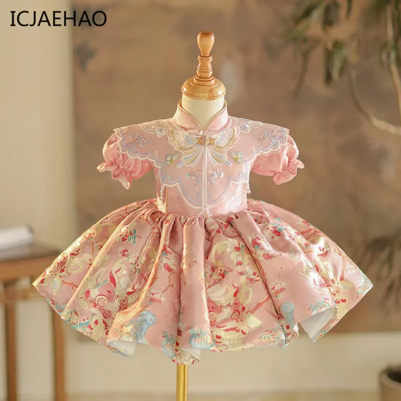 Icjaehao 2025 Jedno rok staré dievčatko Grab Week Princess Dress Summer Matching Outfit Chinese Guofeng Banket oblečenie pre Eid