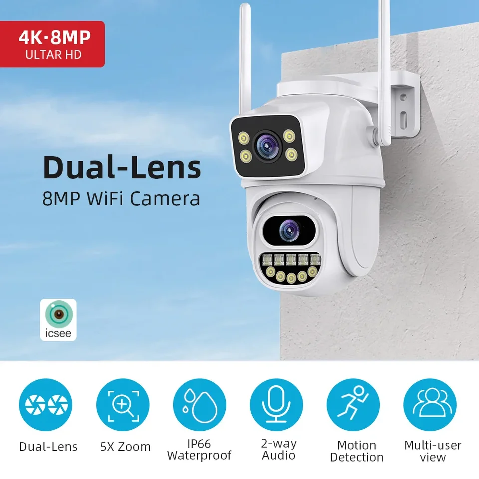 ICSEE FULL HD 8MP 4K PTZ WiFi Fotoaparát Dvojitá šošovka