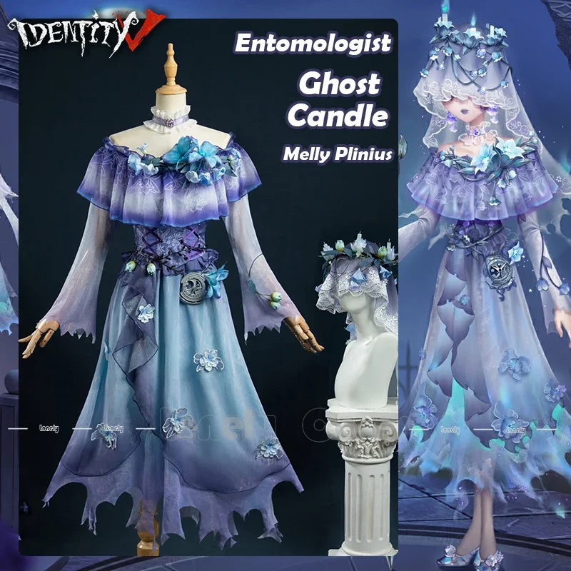 Identita V entomológ duchovná sviečka Melly Plinius Cosplay kostým Purple gázové šaty Veil Halloween Carnival Girl Party Cosplay