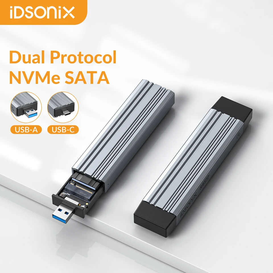 IDsonix NVME SATA SSD CONSTROSURE DUAL Protokol Pevný disk USB A TYPE C 10GBPS NVME PCIE M KEY A 6 GBPS AHCI SATA B&M Kláves