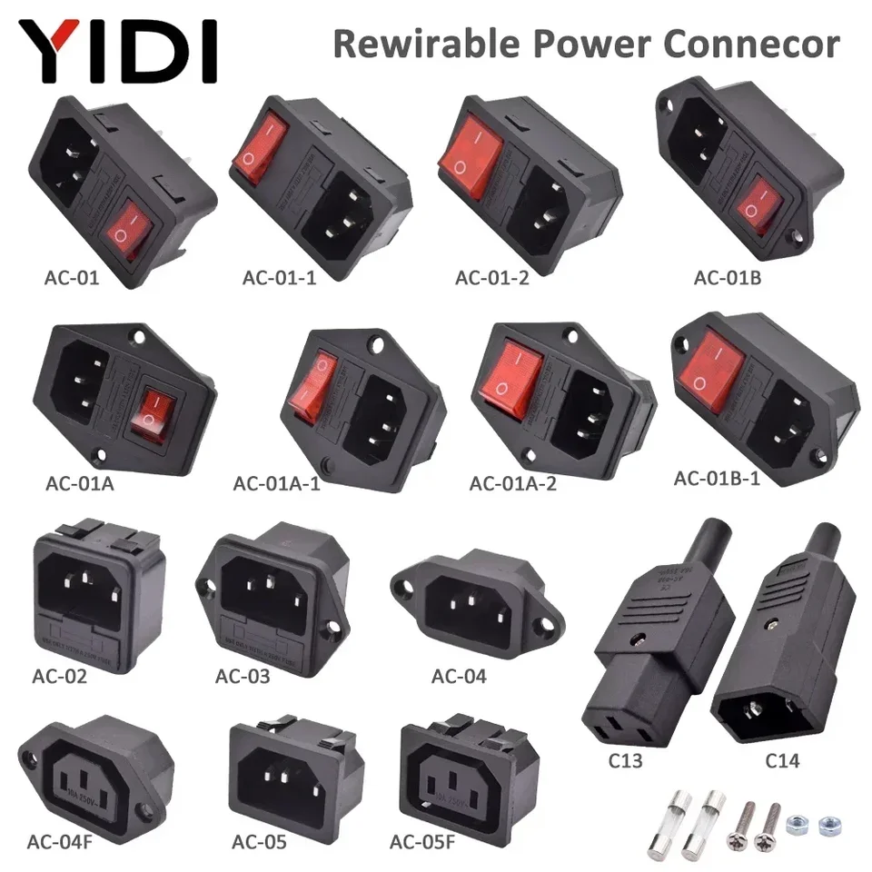 IEC320 C13 C14 AC Vstupná zásuvka 10A 250V poistka Prepojiteľná elektrická samica samica konektora zástrčka s vypínačom červenej lampy Rocker