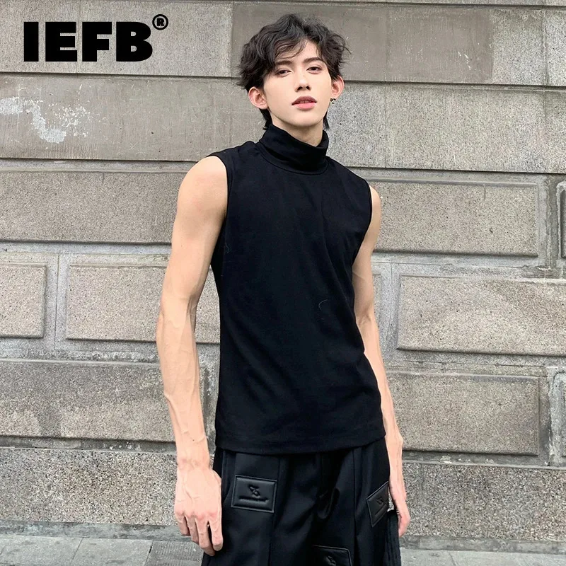 IEFB Slim Pánske tričká Turtleneck Pevná farba Kórejský štýl Príležitostné vrcholy bez rukávov bez rukávov voľné mužské odpaliská Nové jar 9W301