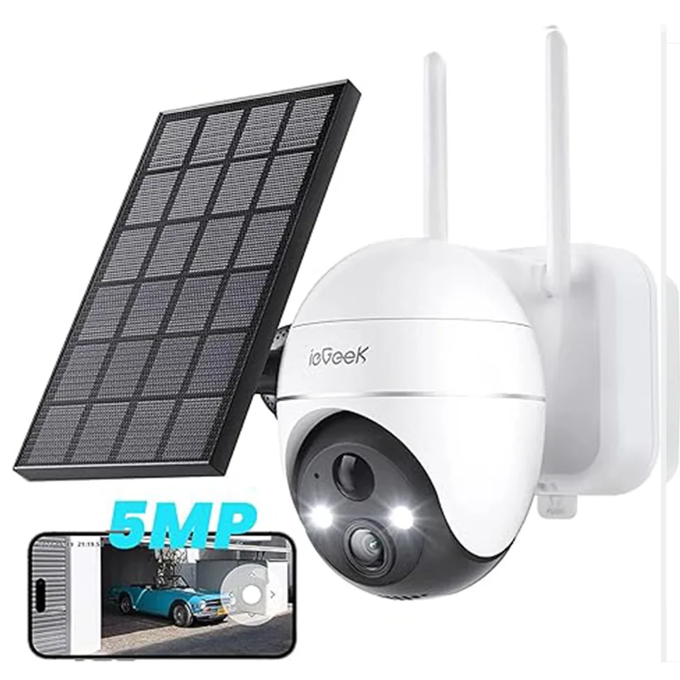 IEGEEK 5MP bezpečnostné kamery bezdrôtové vonkajšie, solárne fotoaparáty vonkajšie bezdrôtové WIFI 360 ° PTZ batérie napájané z reflektora a sirény