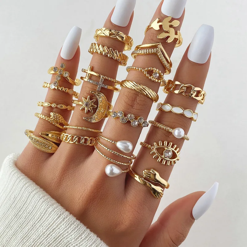 Ifkm Čechia Moon Finger Punk Rings Set pre ženy Crystal Geometric Knuckle retiazka perla zlatý farebný prsteň Žena módne šperky
