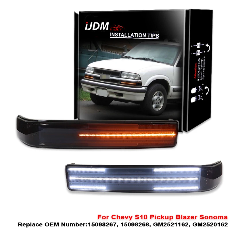 IJDM LED sekvenčné svetlo predného otáčania pre predné zákruty pre Chevy S10 Blazer GMC Sonoma, biele LED parkovanie/jazda a blikanie Amber LED 98-04