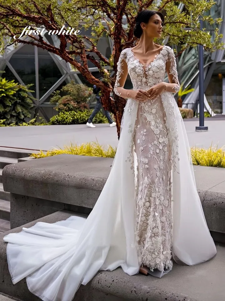 Ilúzia s plným rukávom Svadobné šaty 3D kvetinové aplikácie, dva kusy Tull Bride šaty prispôsobené svadobné šaty dám Vestido de Nie č.