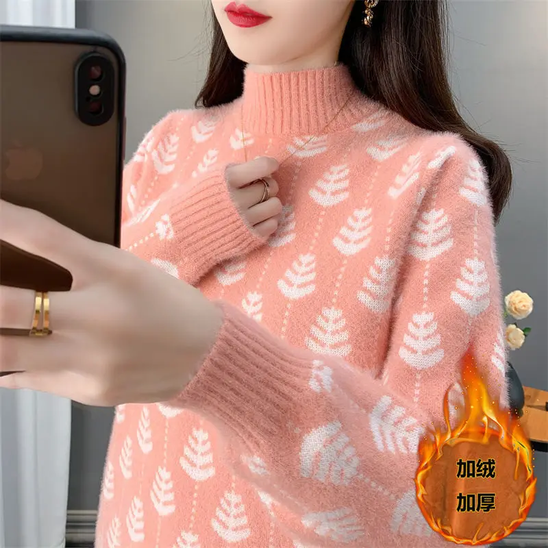 Imitácia Mink kožušina Nový jacquard sveter pre ženy v jesennej zime Zhruba fleece a teplá základná vrstva pletená Halloween Top