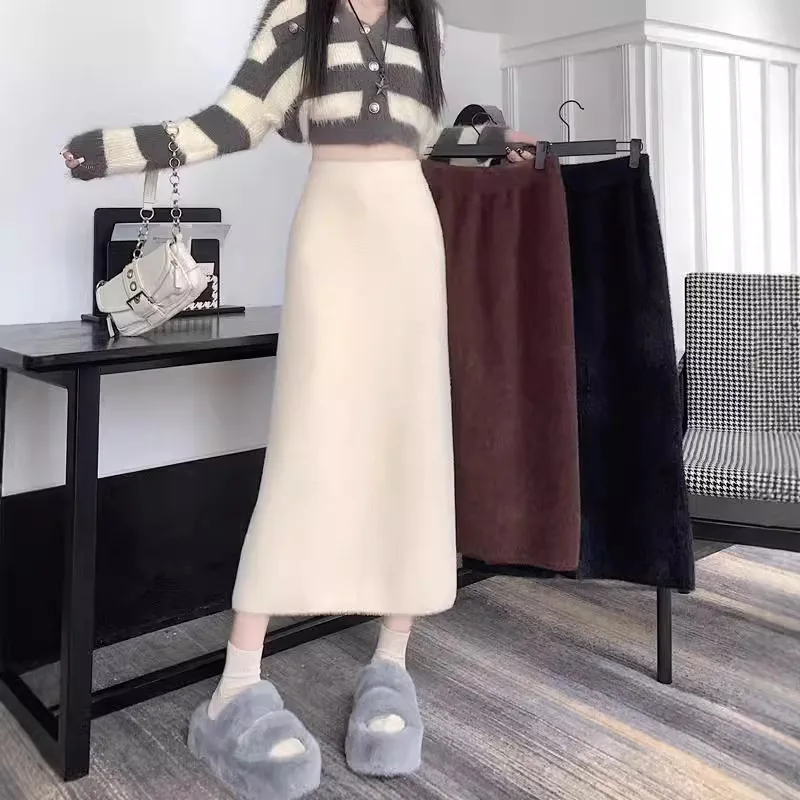 Imitácia Mink kožušina pletená sukňa Dámska zimná dlhá sukňa Kórejská verzia Slim A-Line Suk