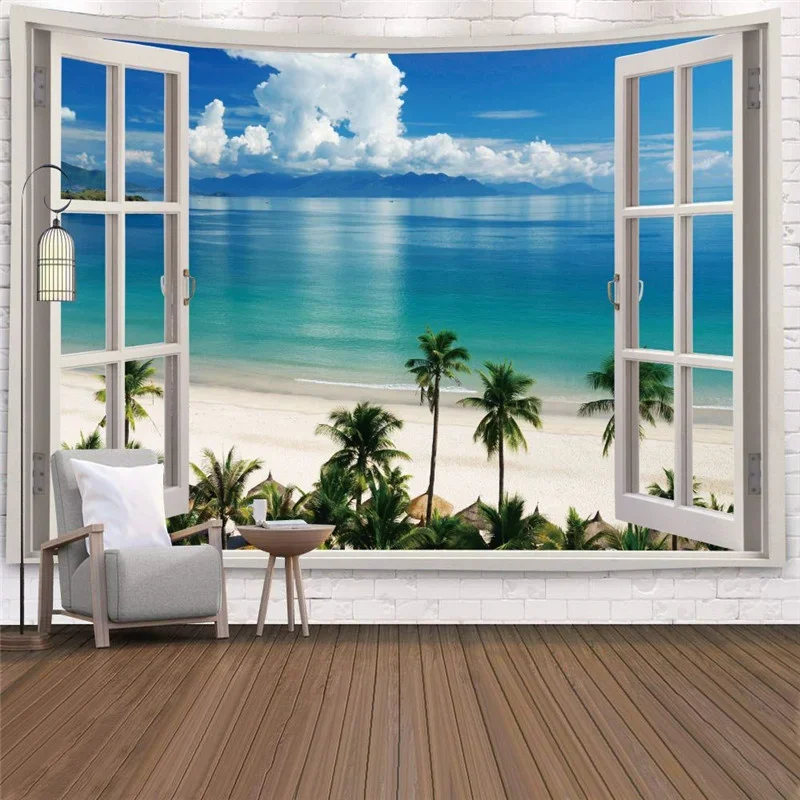 Imitácia okna Twarnscape Tapestry Wall zavesenie Tropické stromové tapisérie umelecké domáce dekorácie morské východ slnka internát