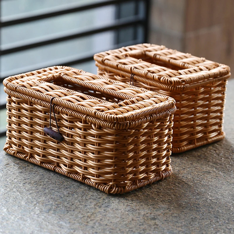 Imitácia Rattan Tissue Box Square Strhkin Držiak na držiak na kontajner DispenSer Puzdro pre moderný organizátor domácich automobilov Barthroom