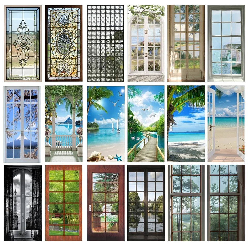 Imitácia skla pohľad na scenériu Dvery Sticker Self Adhesive Eco PVC Seaside Krajina nástenná maľba dverí obaly obálky obálky klepy a palica
