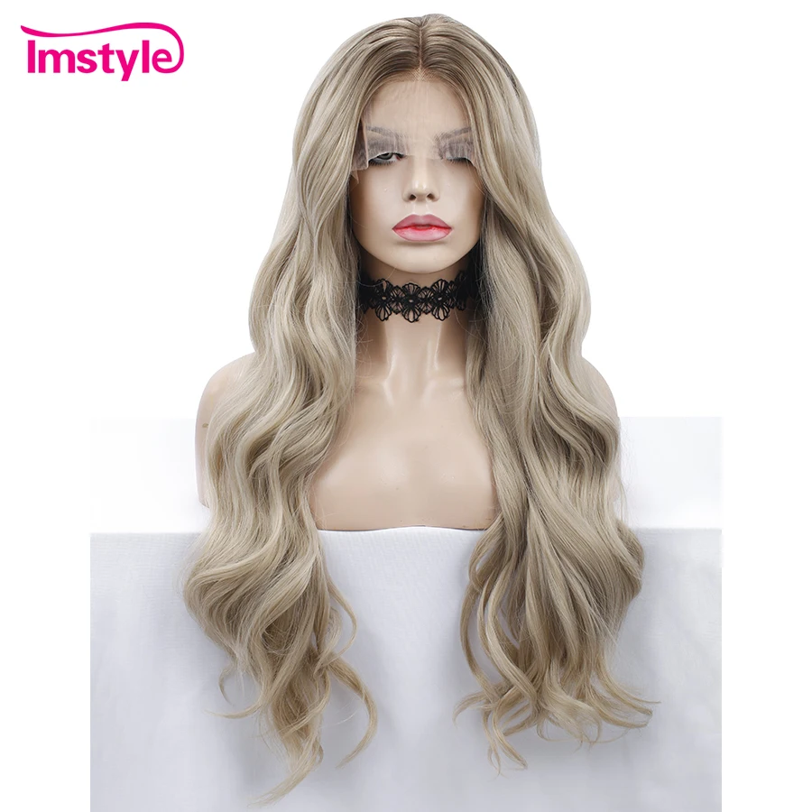Imstyle ombre blondínka parochňa syntetické čipky predná parochňa Dlhá vodná vlna parochňa pre ženy