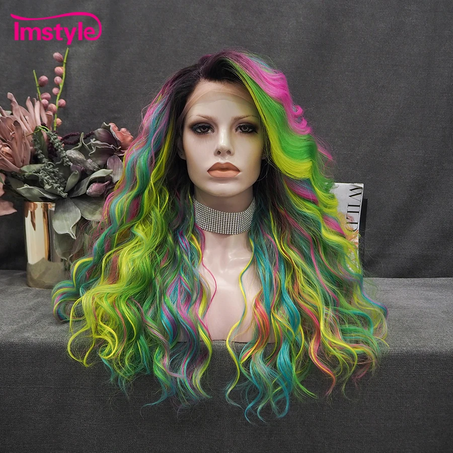Imstyle Rainbow Parochňa zelená syntetická čipka predná parochňa odolná voči tepelne vlákniny hlboké vlny zmiešané farebné parochne pre ženy pre ženy