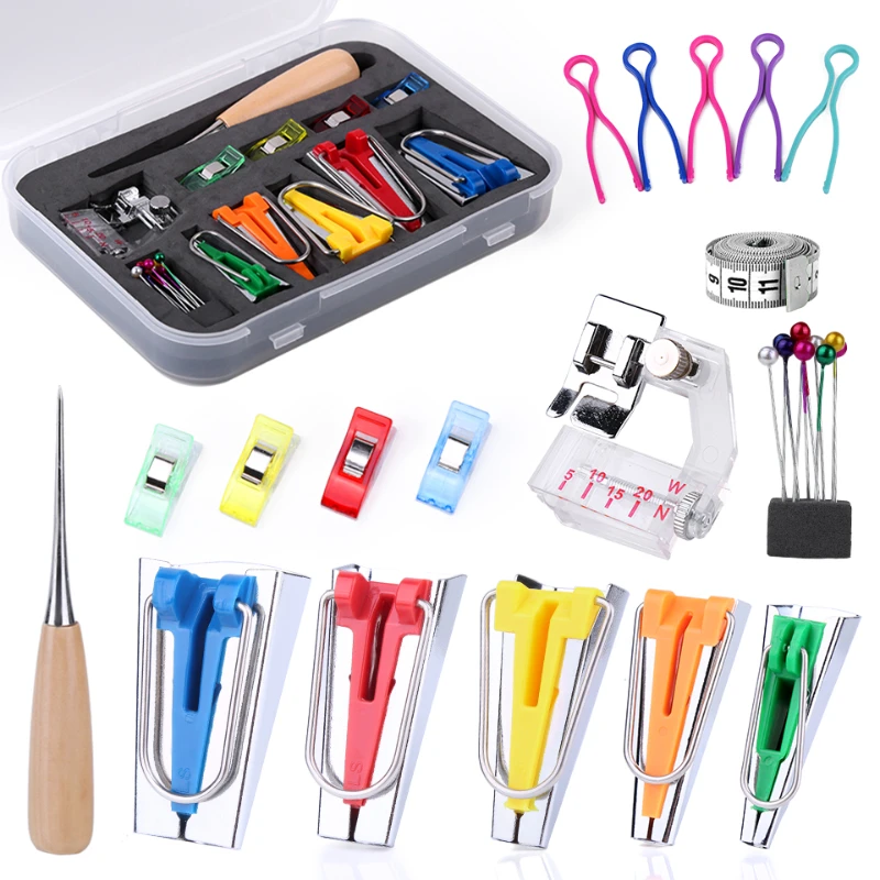 IMZAY BIAS TAPE Tvorcovia TAKÁRSKEJ SAPOVANIA Rôzne veľkosti Bias Tape Maker Plastové šijacie sponky Drevené awl šijacie náradie príslušenstvo súprava príslušenstvo