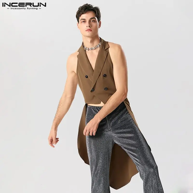 Incerun 2023 Men Vests Solid Color Laskle rukáv s dvojitým dojčeným nepravidelným sakrom