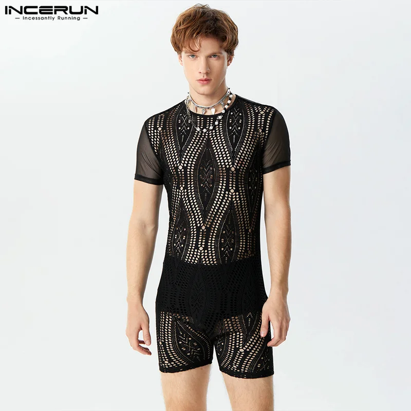 Incerun 2024 American Style Men's O-Neck Rompers módne priehľadné čipky Mastwork Syby Sexy s krátkym rukávom S-3XL S-3XL