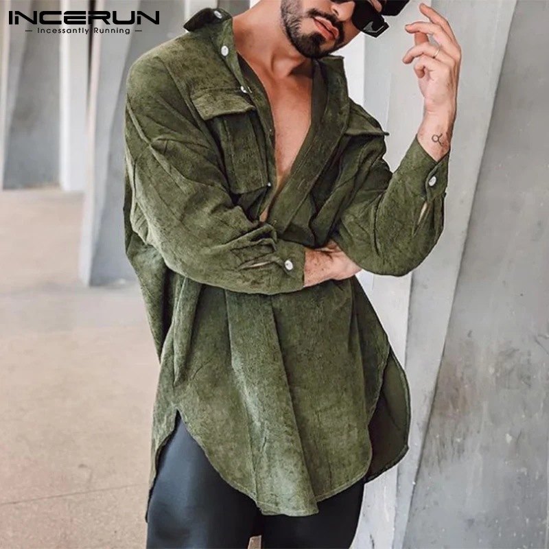 Incerun Casual Pánske stredne dĺžkové semišové voľné košele Tops 2022 Jeseň Hot Sale Winter Vintage Lafl Gollar Button Up Blúzka S-5XL