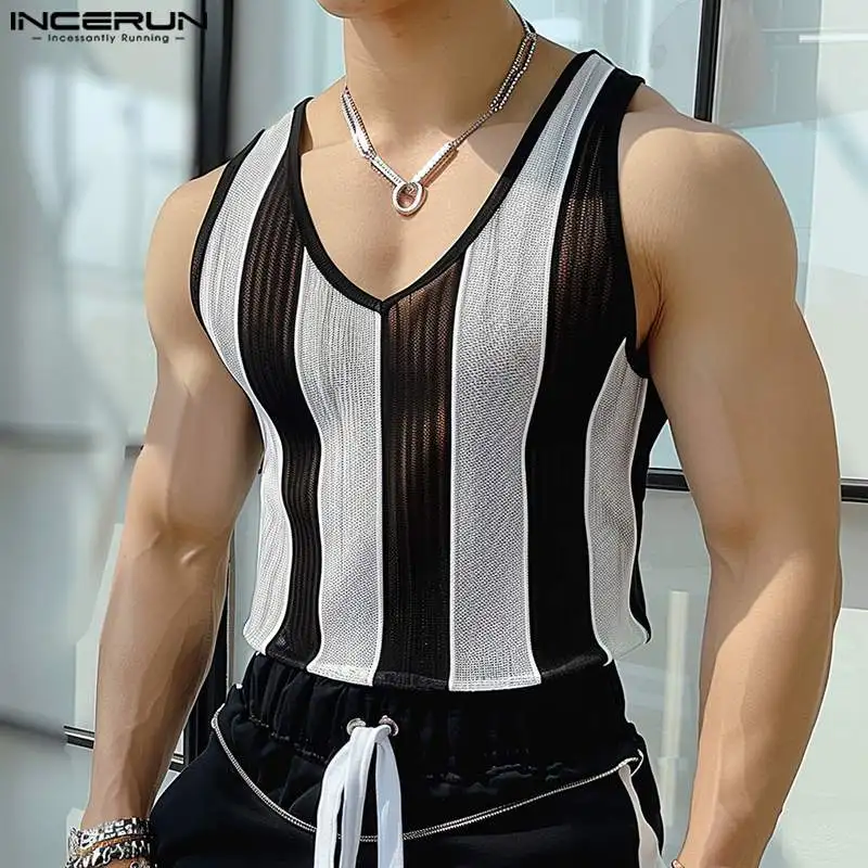 Incerun me tank topánok s pruhovanými v krku bez rukávov letné priehľadné samce vesty streetwear 2024 módne príležitostné muži oblečenie S-5XL