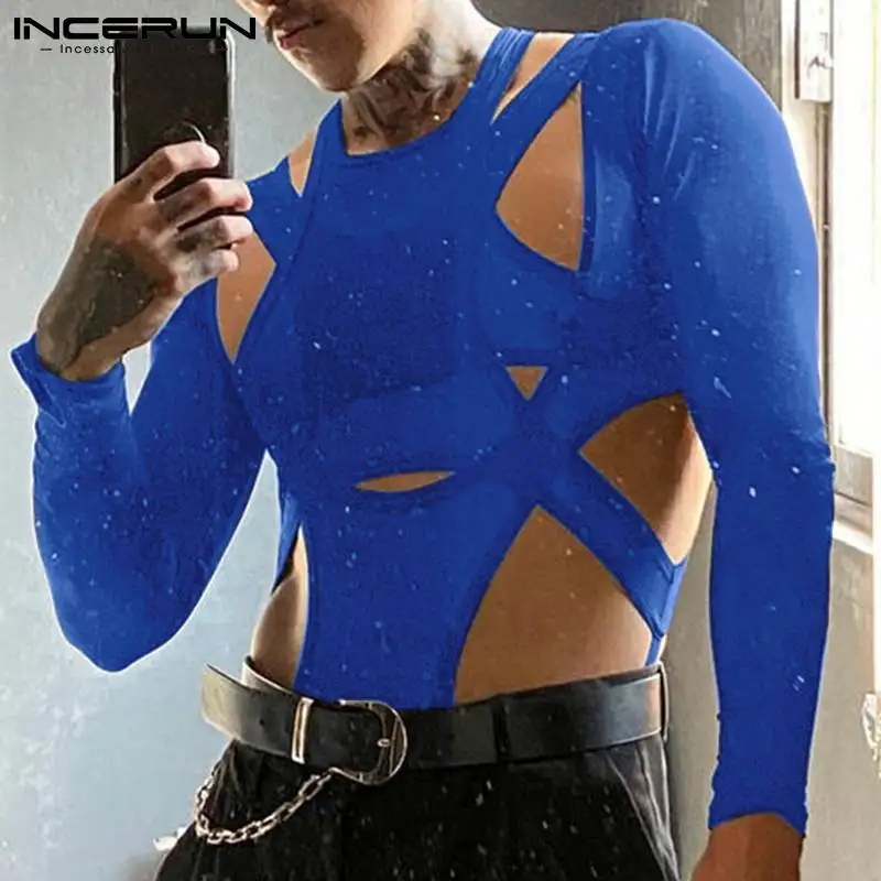 Incerun Men BodySuits Solid Color Sexy O-Neck dlhý rukáv Streetwear Nepravidelné telesné muži muži dutiny z fitness topy rímsky S-5xl