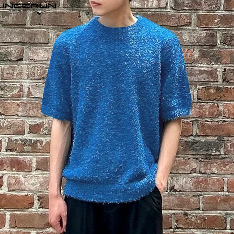 Incerun Men T tričko plyšový krk s krátkym rukávom s krátkym rukávom Color Color Men Obliekanie Summer 2024 Kórejský štýl Streetwear Tops Tops S-5XL