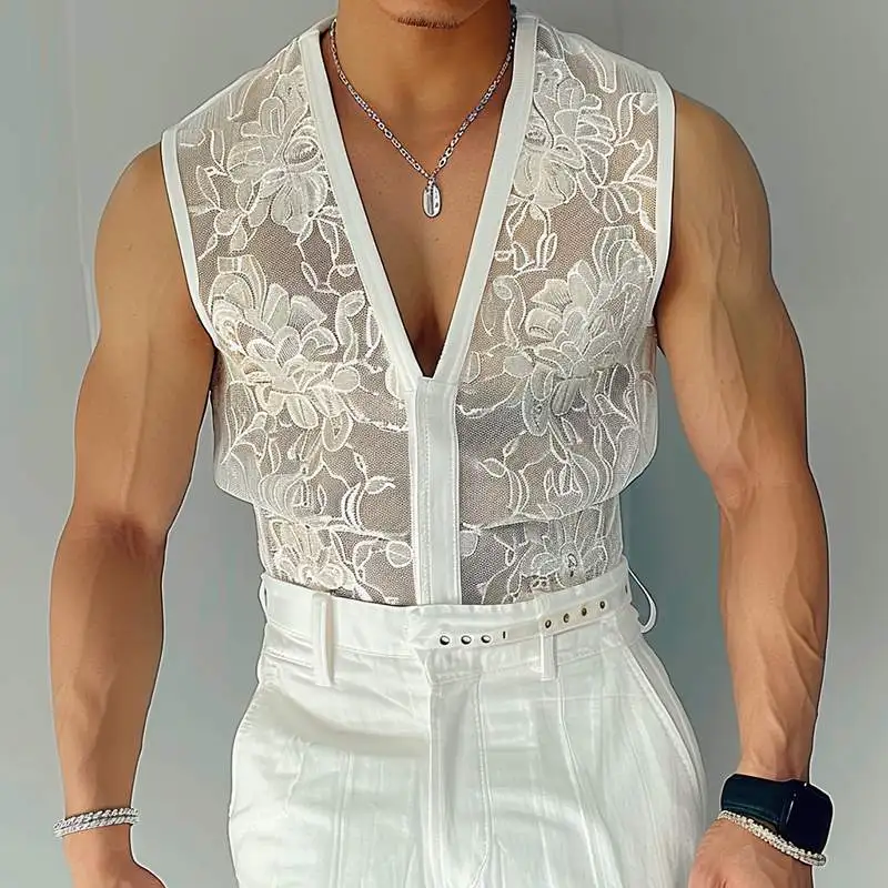 Incerun Men Touch Tops Tops Lace Transparent Sexy V krk bez rukávy bez rukávov Vesty leto 2024 Streetwear Fashion Party Men Oblečenie S-5XL