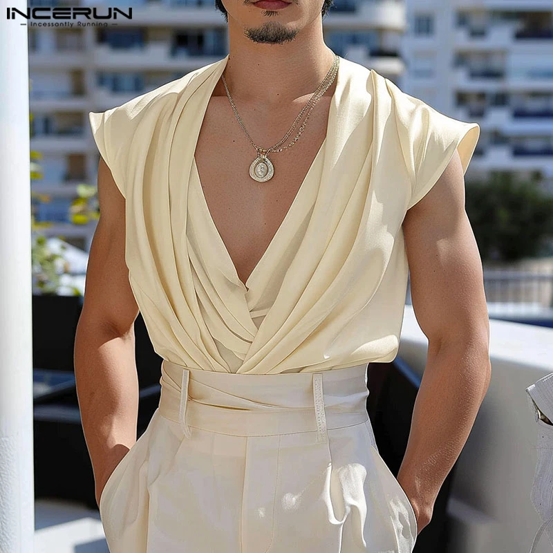 Incerun Men Touch Tops Tops Spevnená farba V krk bez rukávov letné letné mužské vesty Streetwear 2024 skladané módne muži oblečenie S-5XL