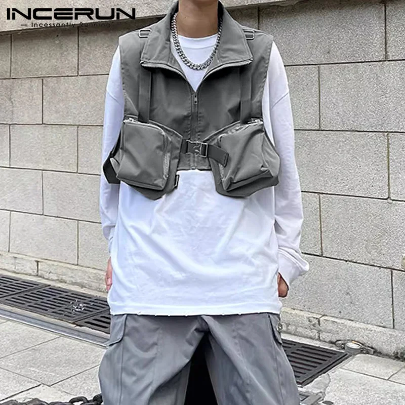 Incerun Men Visks Solid Color LaSel bez rukávov bez rukávov Príležitostné mužské vesty Streetwear Zipper 2024 módne plodiny vesty S-5XL