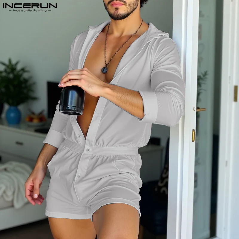 Incerun muži dobre vybavené s dlhým rukávom BodySuits 2024 Príležitostné módy Otočte goliere goliere Pohodlné domáce oblečenie Loungewear