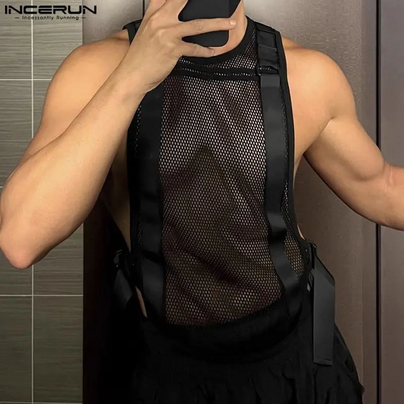 Incerun Pánske topánky Pánske vrcholy sieťovina priehľadná pevná farba o krku bez rukávov Casy Male Vesty Streetwear 2024 Módne muži oblečenie
