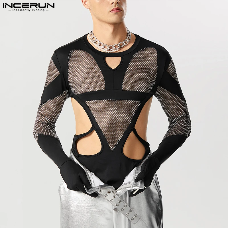 Incerun sexy pánske kombinézy Flash Flash priehľadná sieťová dekonštrukcia dizajn dizajnu BodySuits trojuholníkový rukáv S-5XL