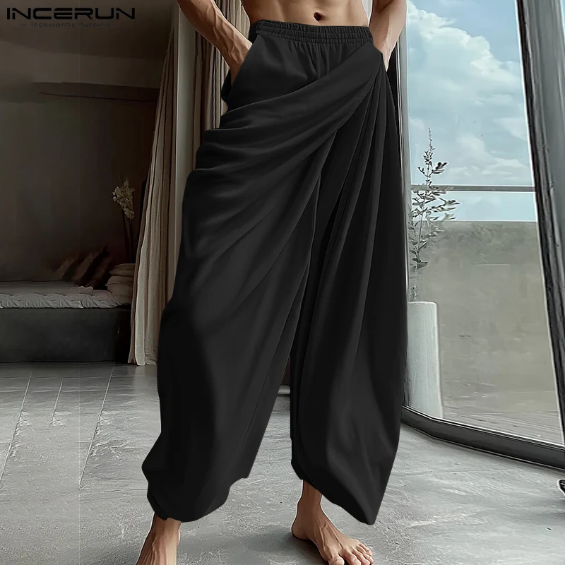 Incerun skladané dizajnérske zmysly dlhé nohavice muži Príčinné elastické pásové hranolové hranu pevné farebné nohavice jednoduché pekné elegantné elegantné dno