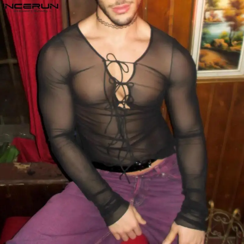 Incerun tops 2024 American Style Sexy noví muži priehľadné čipkové tričká Leisure Clubwear tenké v krku s dlhým rukávom Camiseta S-5XL