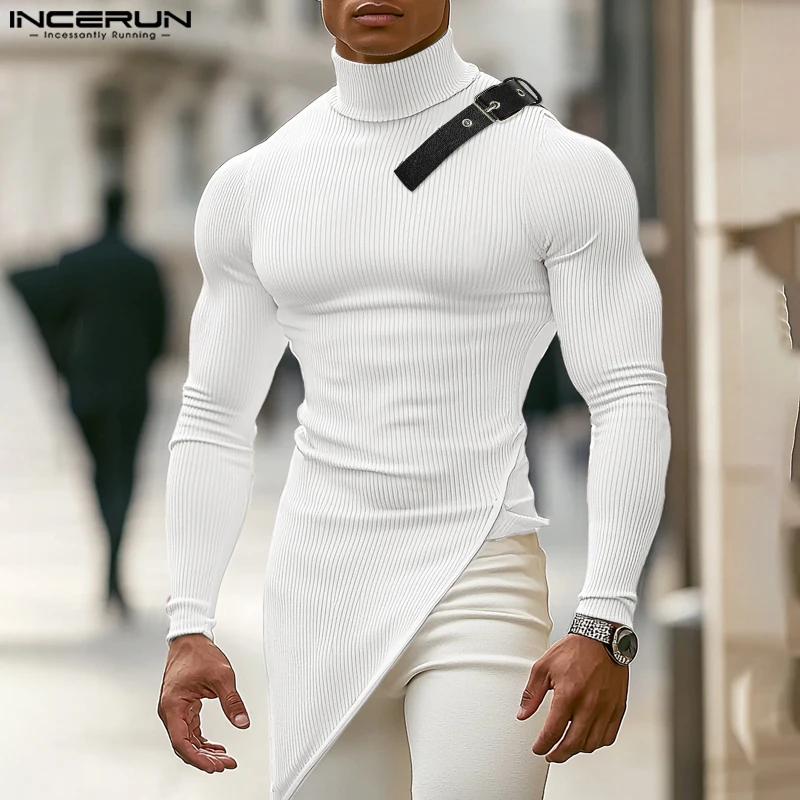 Incerun topy 2024 American Style Fashion Men Solid Jednoduchý textúra s vysokým krkom Tričko Príležitostné streetwear Mužský s dlhým rukávom Camiseta
