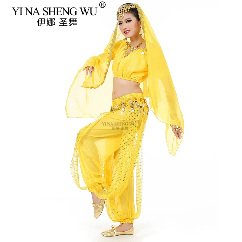 India Dance 3pcs Set Belly Dance Performance odev šifón Copper Gong Lantern Pants krátke rukávy Top orientálne tanečné kostýmy
