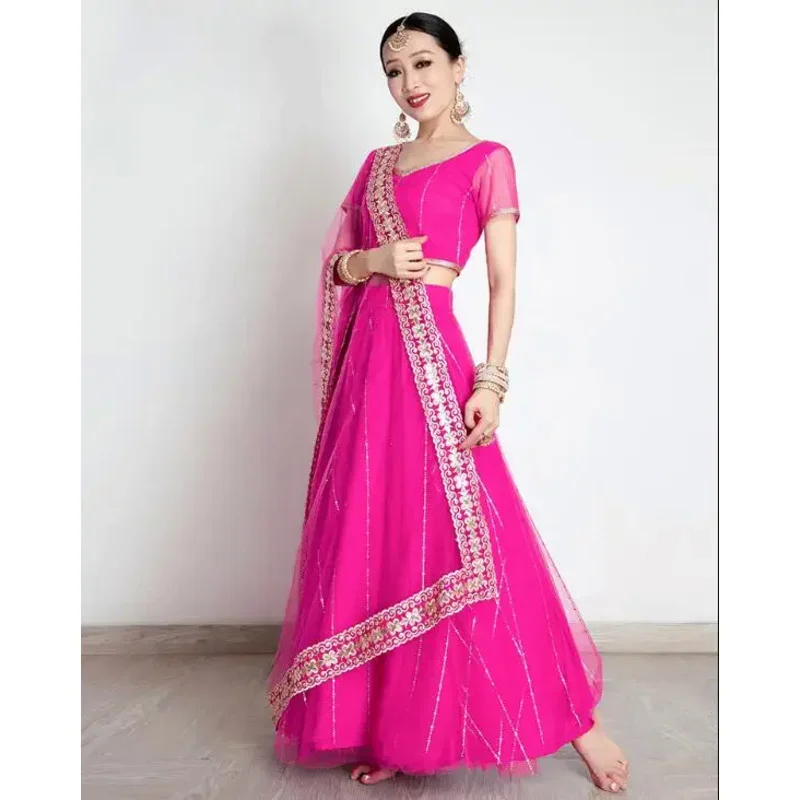 India ženská saree výšivka georgette kamienky tanečné scéna lehenga oblek ružová červená