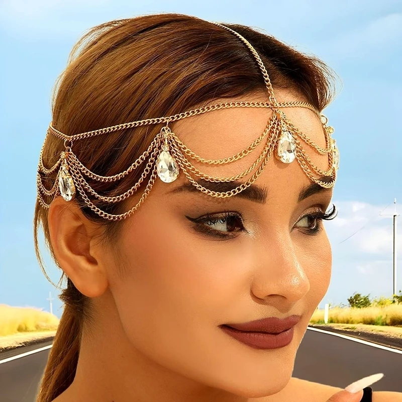 Indická nevesta hlava šperky móda elegantná viacvrstvová zlatá farebná reťazec krištáľová kvapka kvapky Tassel hlava reťazec svadobná hlava